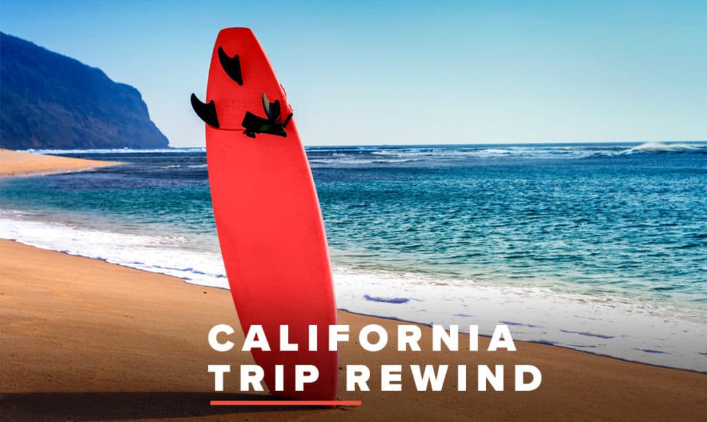 Picture of a beach and a read surfboard with the text, "California Trip Rewind."