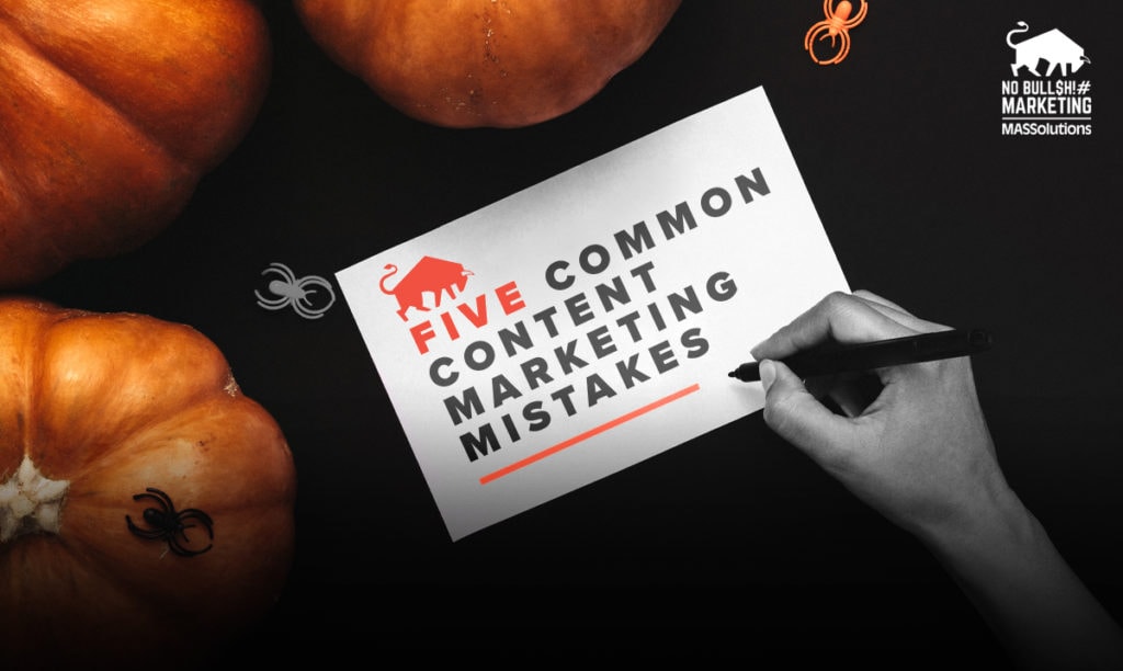 Halloween-themed image with pumpkins and spiders and the text that reads "Five Common Content Marketing Mistakes"