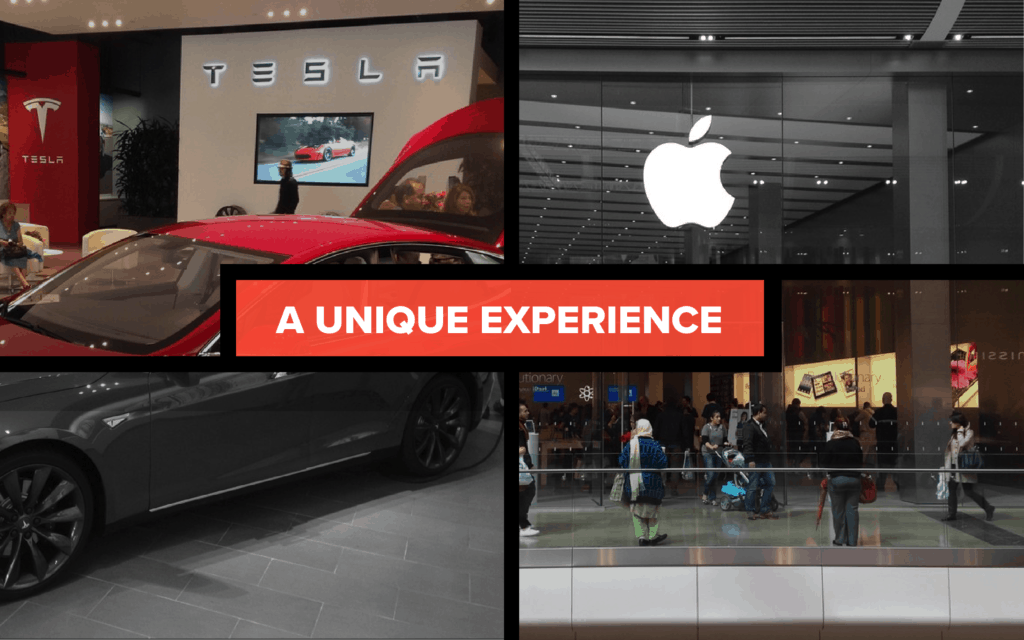 Picture of a Tesla and Apple storefront for a podcast about their unique shopping experience